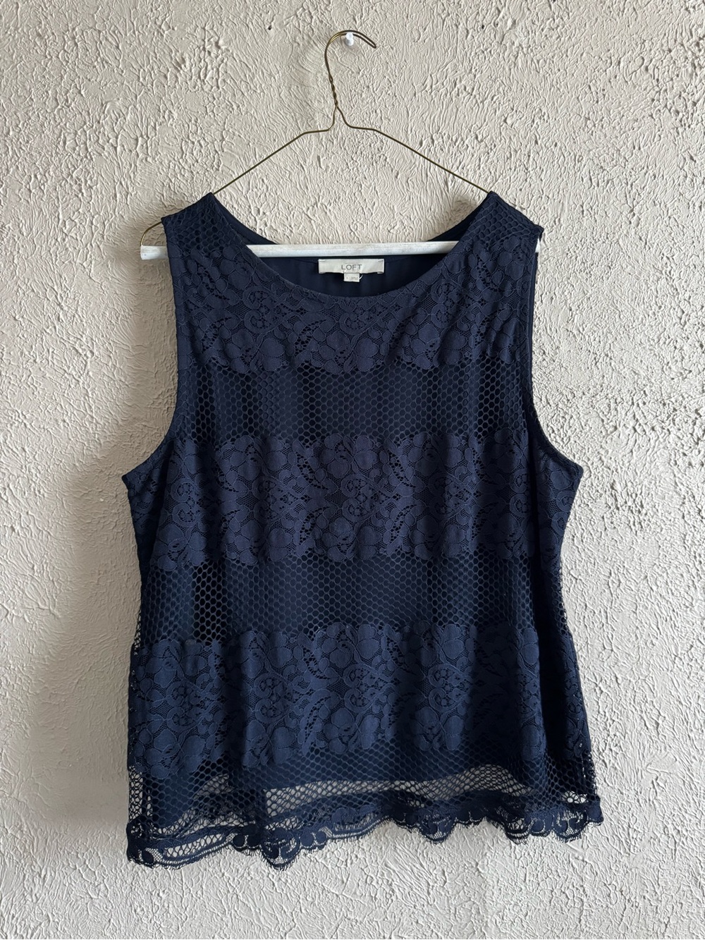 LOFT Navy Sleeveless Lace & Mesh Overlay Top
